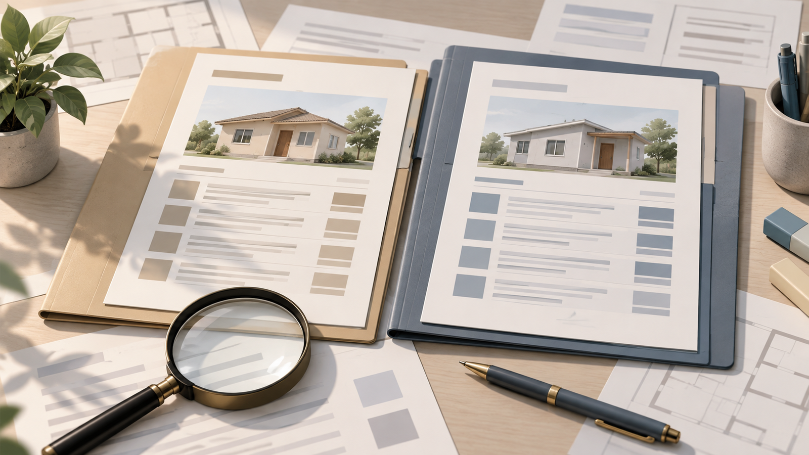 Duas propostas de obra comparadas com lupa e marcadores de conferência.