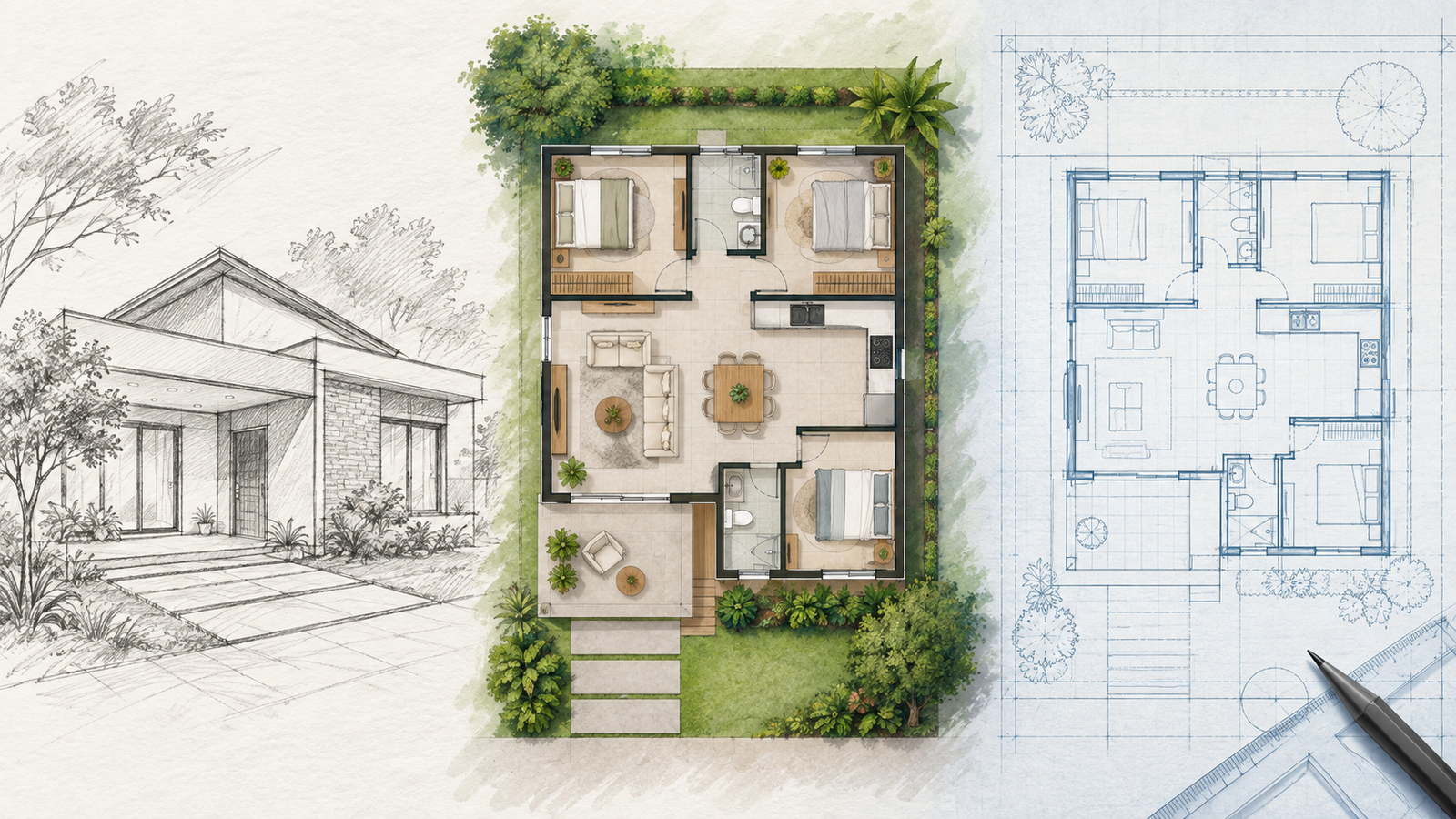 Comparação visual entre croqui, planta humanizada e planta técnica fictícia