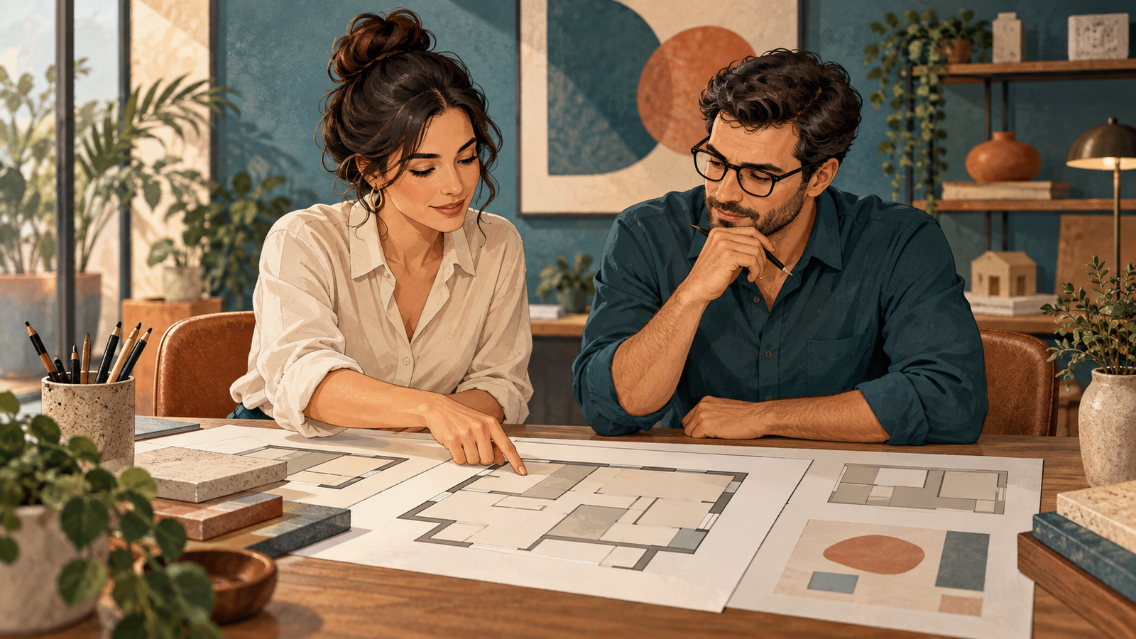 Profissionais analisando o escopo de um projeto residencial em pranchas técnicas genéricas.