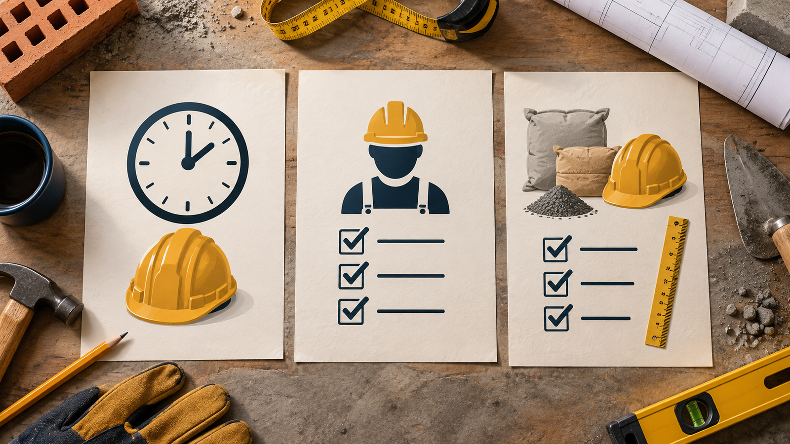 Três documentos visuais representam diária, empreitada de mão de obra e empreitada global