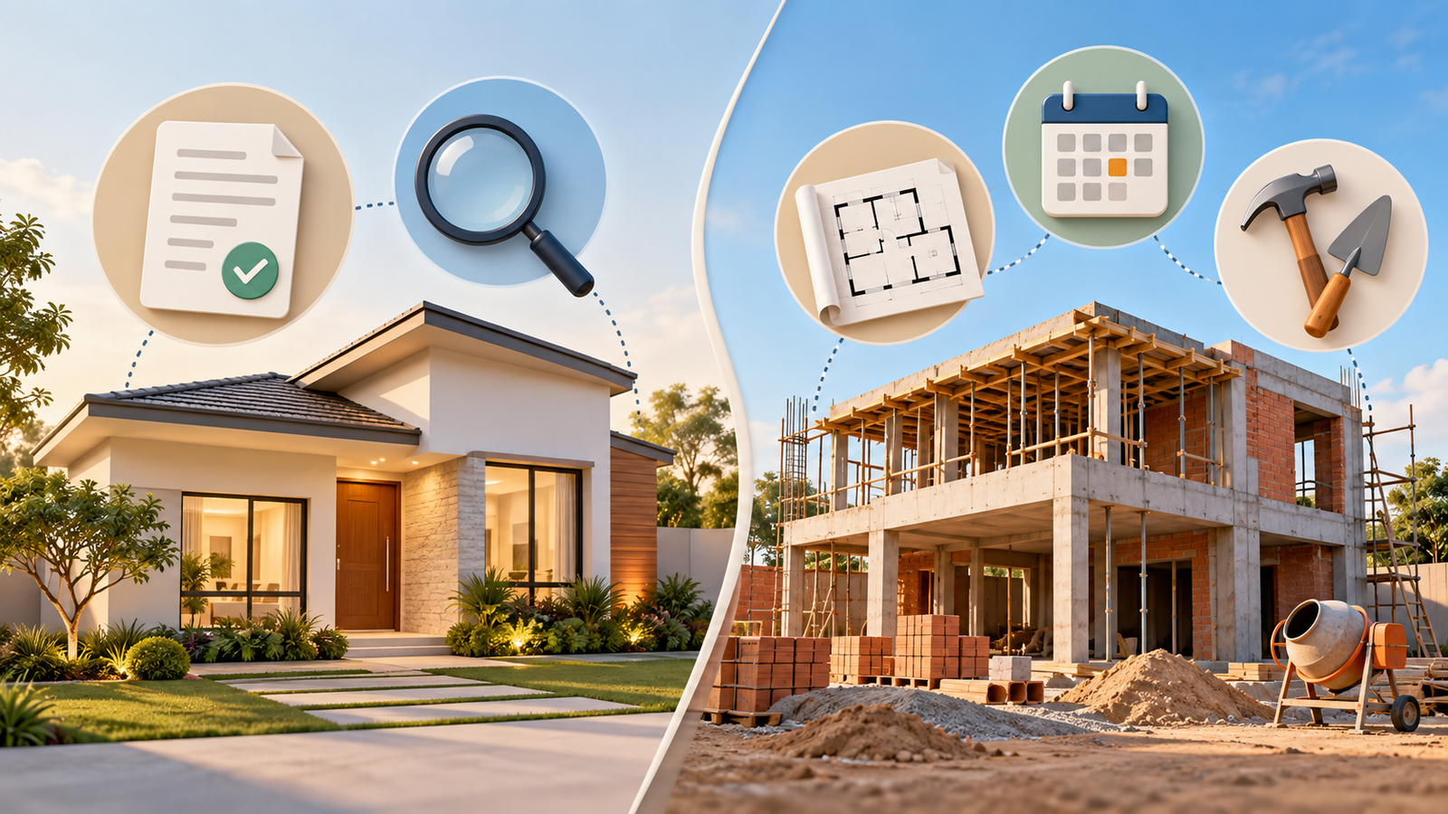 Diagrama de custos e verificações de imóvel pronto e construção