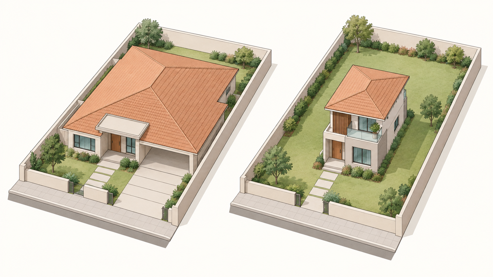 Dois esquemas de lote genérico mostrando projeções diferentes para casa térrea e sobrado.