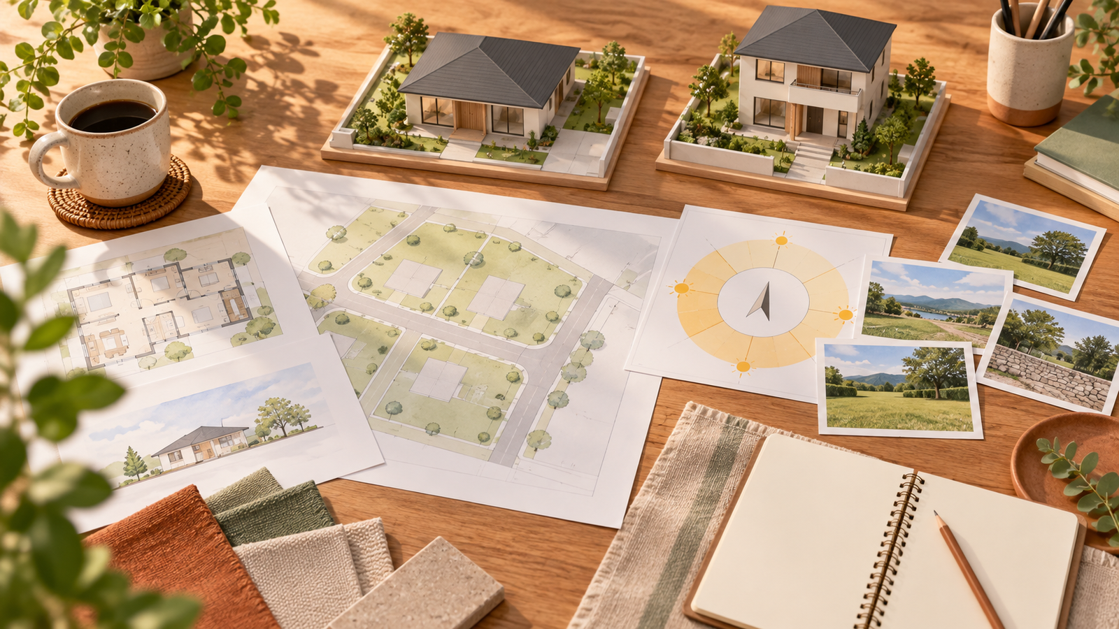 Materiais para levar à primeira reunião de projeto de uma casa em terreno pequeno.