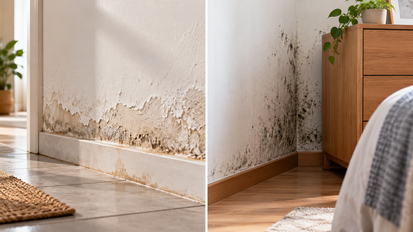 Comparação entre umidade no rodapé e condensação em canto pouco ventilado