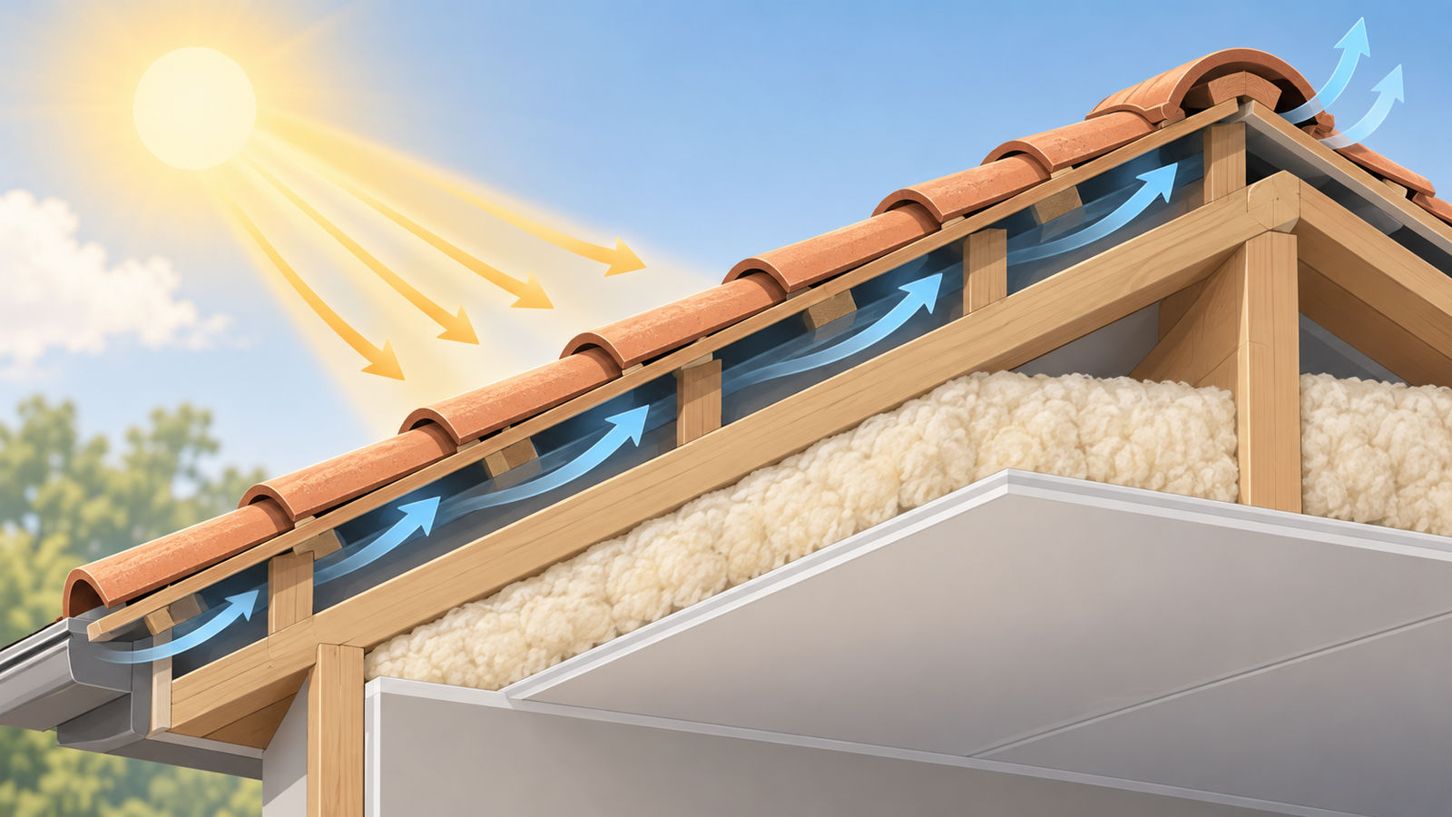 Corte de cobertura com telha, ventilação, forro e isolamento que influenciam o conforto térmico.