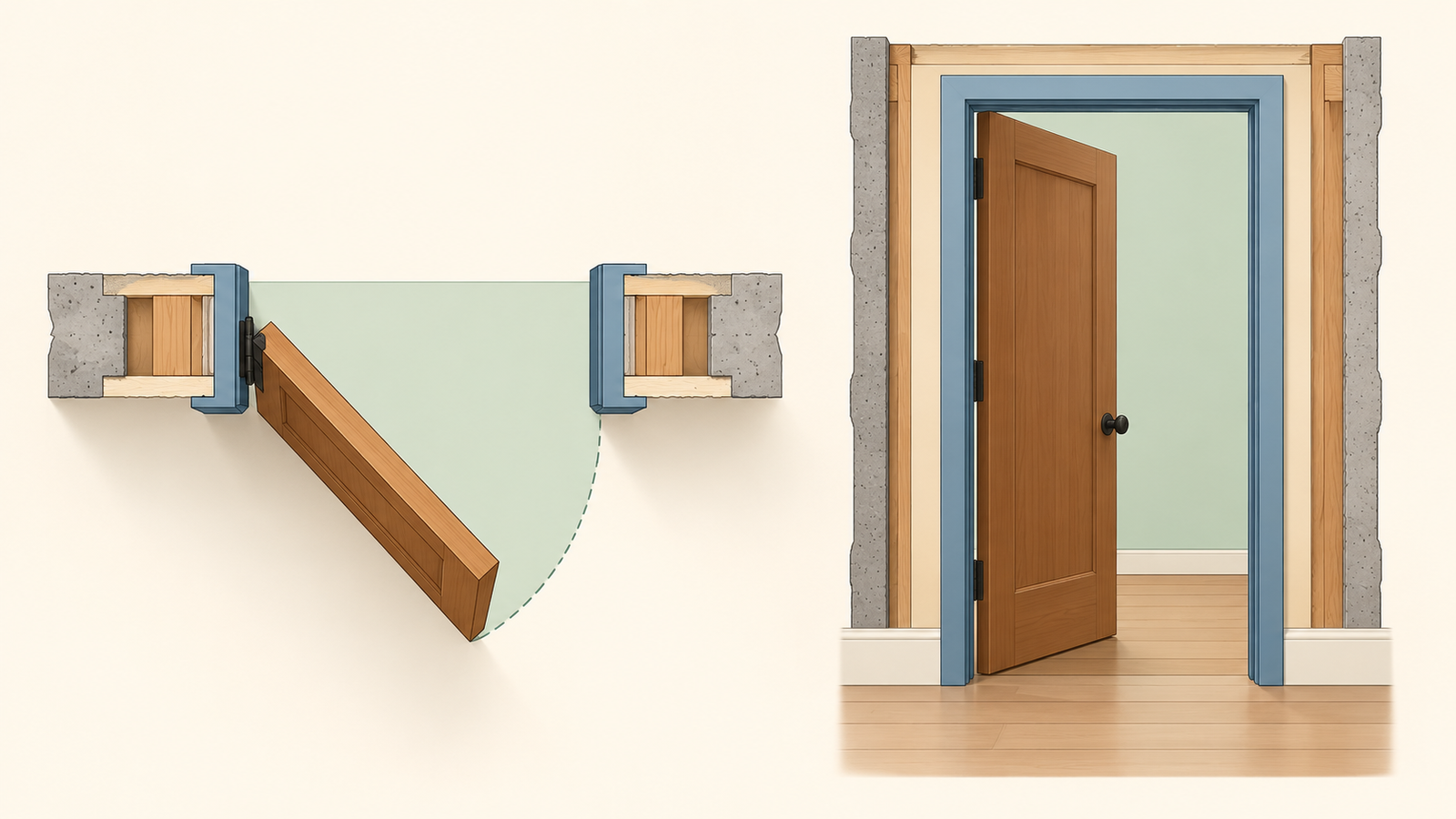 Diagrama de porta de giro com folha, batente, vão de obra e vão livre.