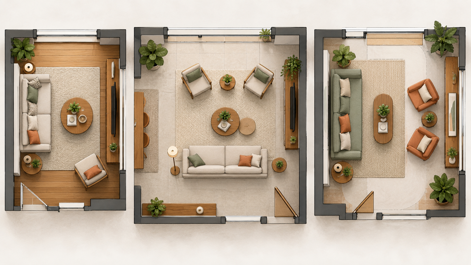Três plantas ilustrativas de sala compacta, integrada e com rota livre