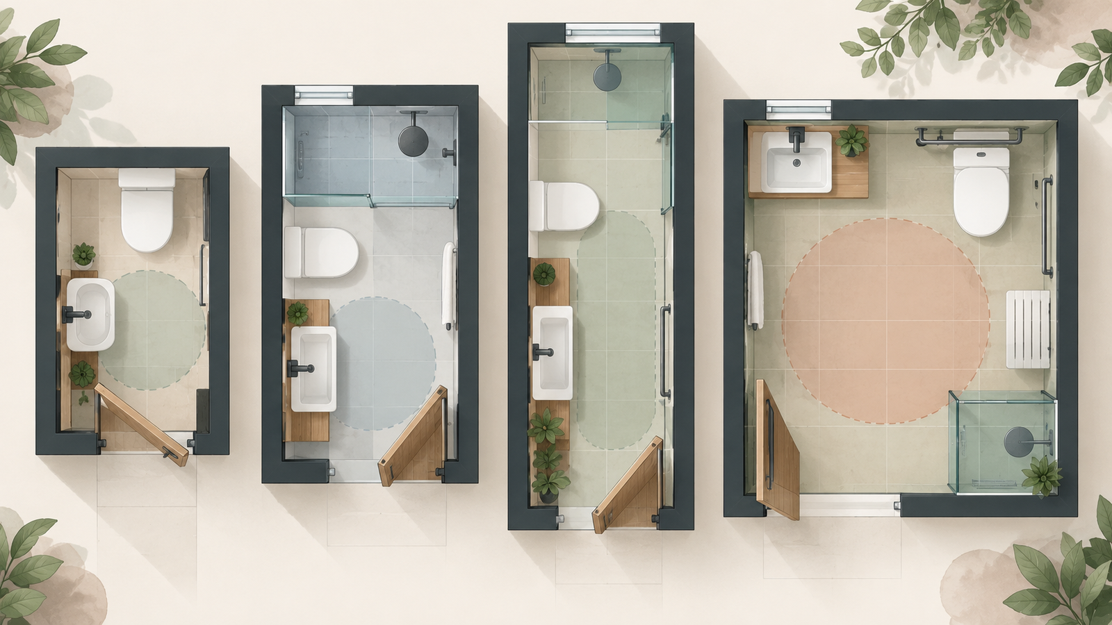 Plantas esquemáticas de lavabo, banheiro compacto, banheiro com mais comprimento e banheiro acessível