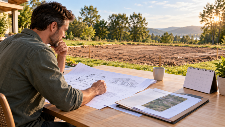 Planejamento de como iniciar a construção de uma casa com planta, documentos do lote e terreno ao fundo.