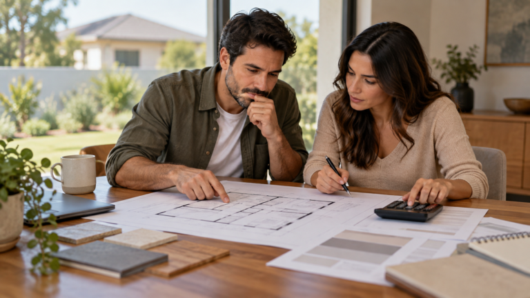 Família compara comprar casa pronta ou construir com planta e orçamento