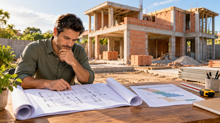 Pessoa planejando a construção de casa passo a passo com plantas e cronograma.