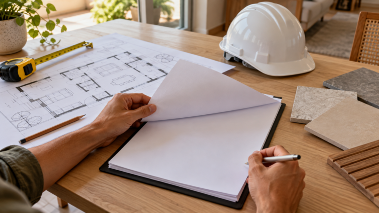 Contrato com pedreiro sendo revisado antes de uma reforma residencial
