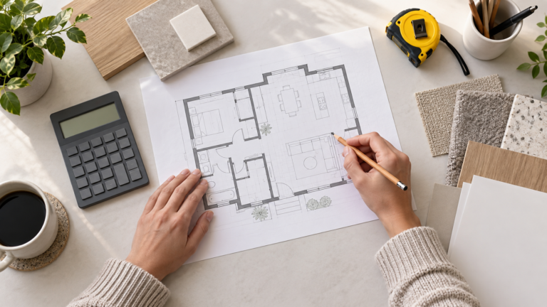 Custo para construir casa simples calculado com planta, trena e orçamento sobre uma mesa.