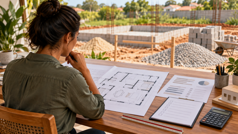 Pessoa revisando checklist de erros ao construir uma casa com plantas e orçamento em uma mesa.