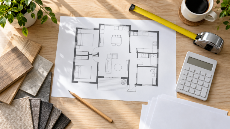 Metro quadrado para construir uma casa com planta, trena e calculadora sobre a mesa.