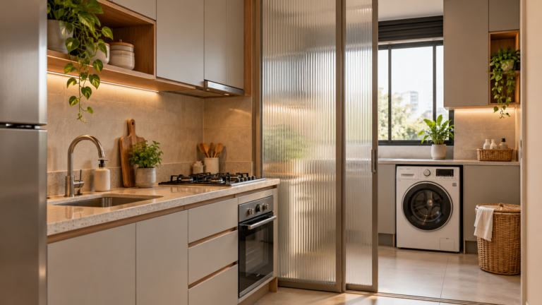 Área de serviço integrada à cozinha com divisória translúcida, lavadora e marcenaria planejada.