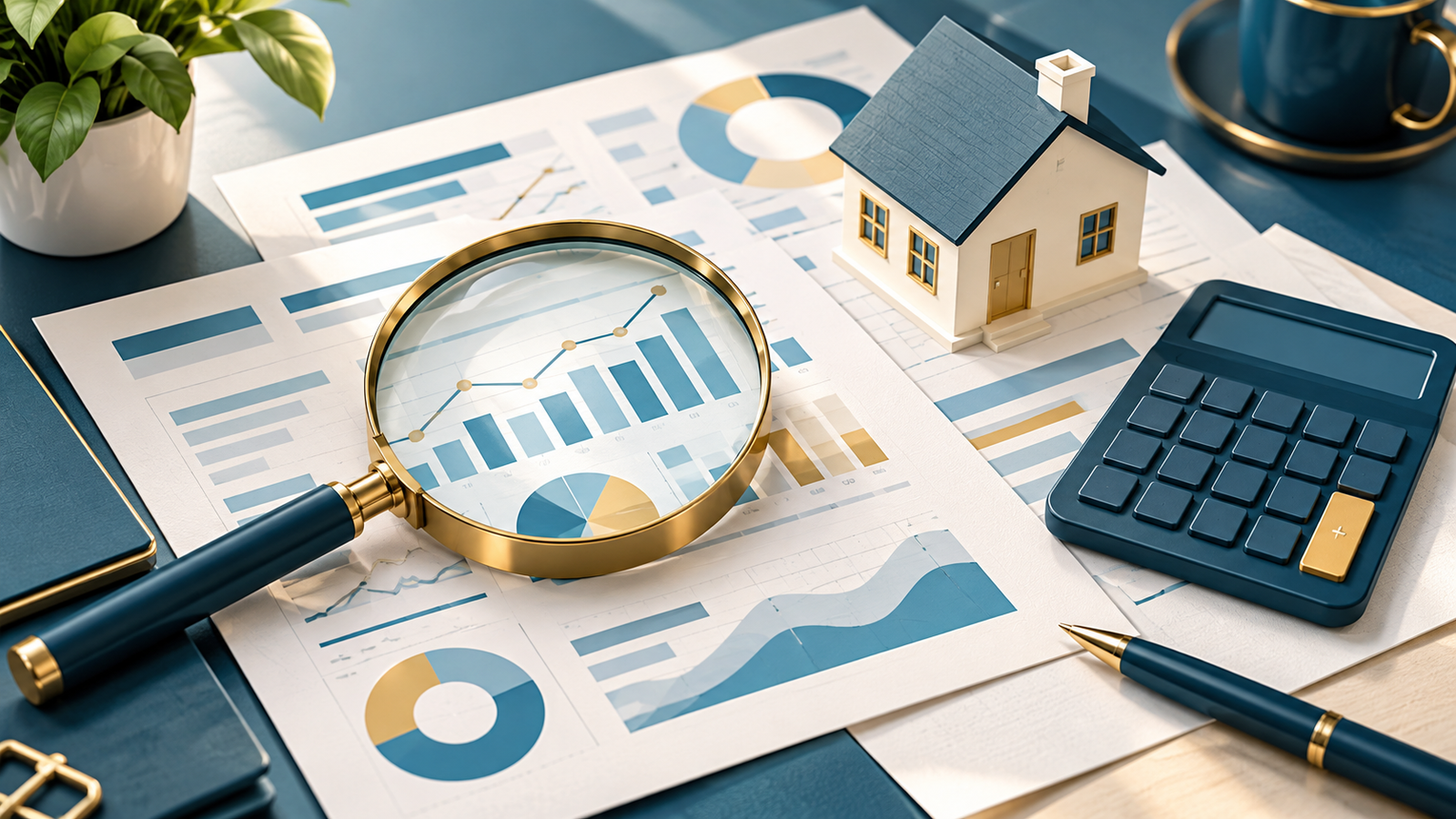 Documentos de financiamento, calculadora e lupa para comparar custos da proposta