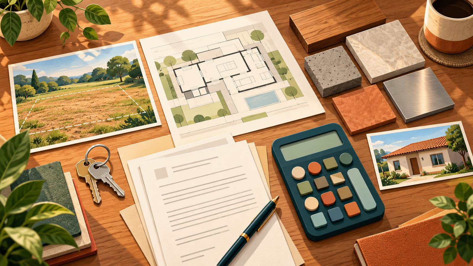 Itens do custo total para construir uma casa organizados sobre uma mesa.