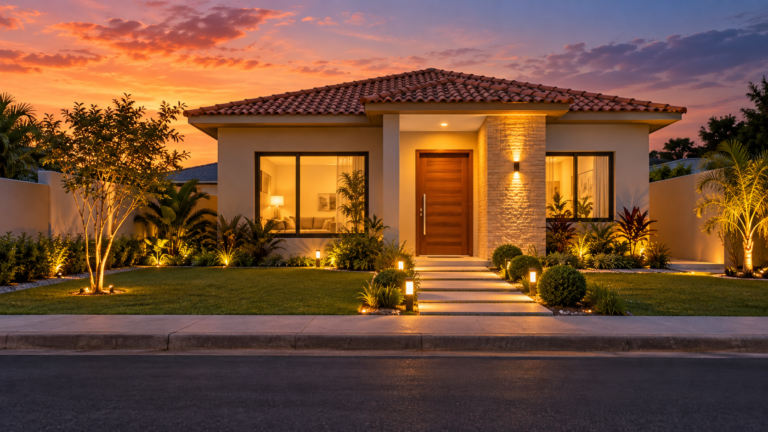 Fachada da casa bonita com jardim, entrada e iluminação