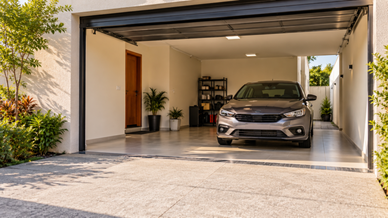 Garagem para um carro com veículo estacionado, portão aberto e espaço lateral para circulação.