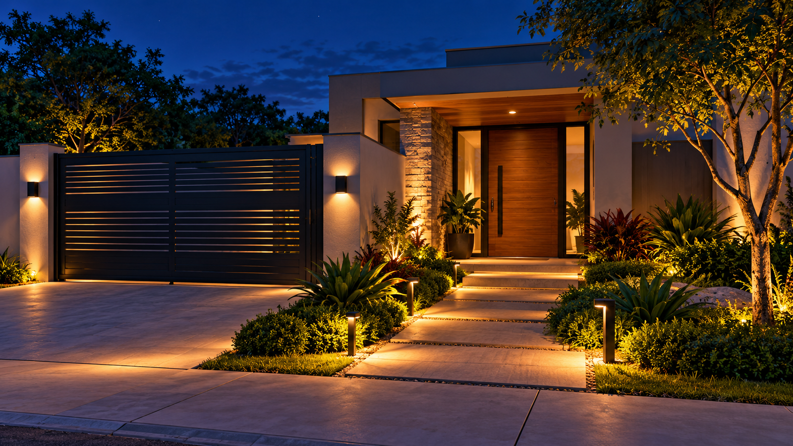 Entrada residencial com caminho iluminado e vegetação baixa