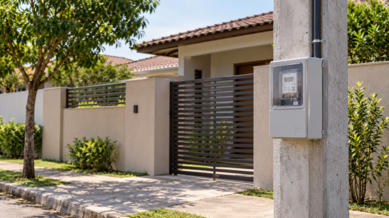 Poste padrão de energia em frente a uma residência brasileira, visto externamente.