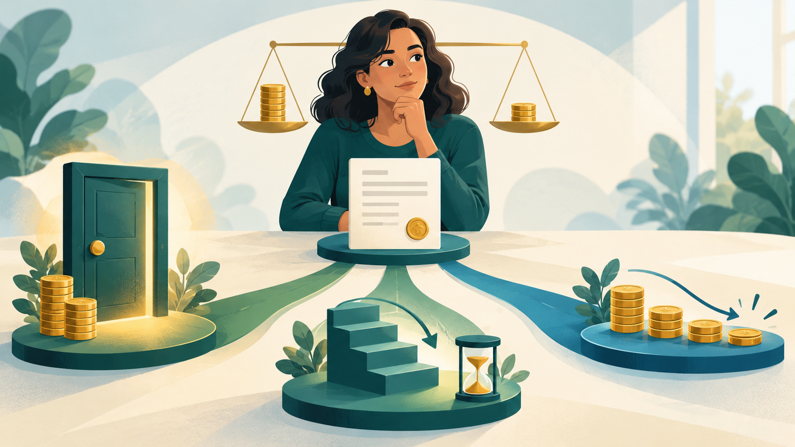 Ilustração editorial sobre Quitar tudo, reduzir prazo ou reduzir prestação?