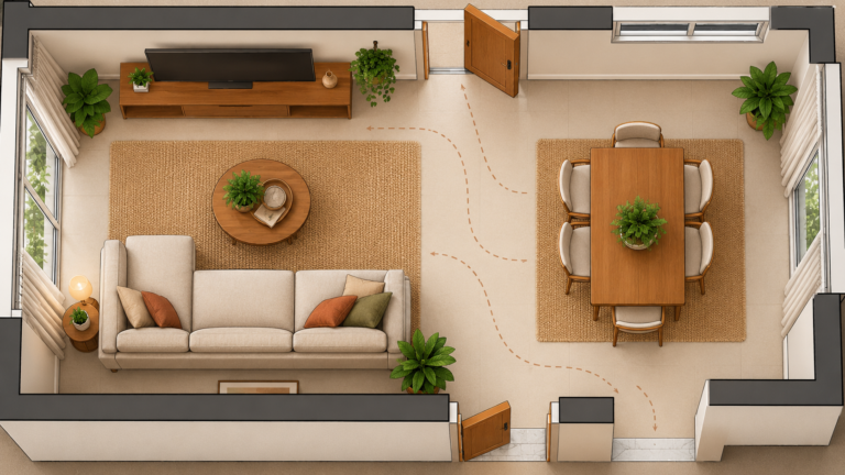 Planta ilustrada para calcular o tamanho ideal da sala com móveis e rotas livres